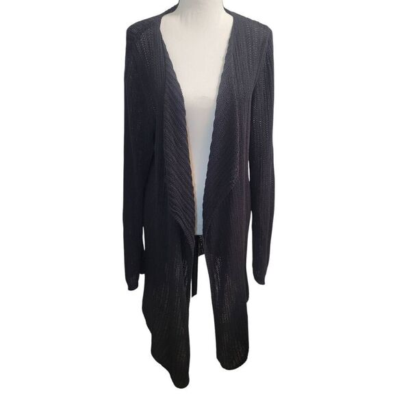 Dana Buchman Black Long Open Front Breathable Knit Cardigan Sweater Sz L - Picture 1 of 5
